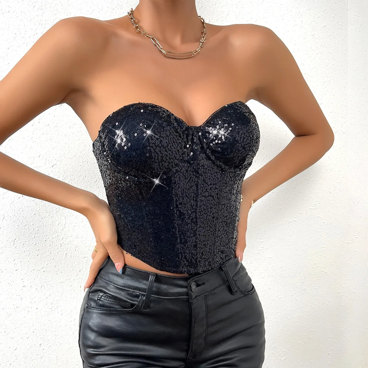Street Style Heavy Duty Zipper Sequin Wrap Chest Nightclub Fashion Top Women's Cotton Nylon Short Length Inner Wear M60537