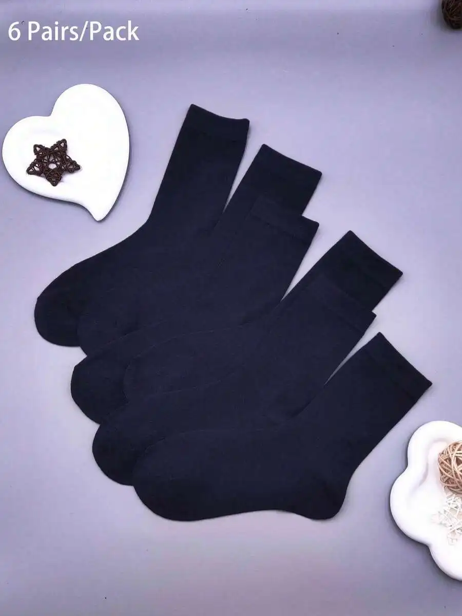 

6 Pairs Solid Black Mid-Calf Socks For Men Casual Business
