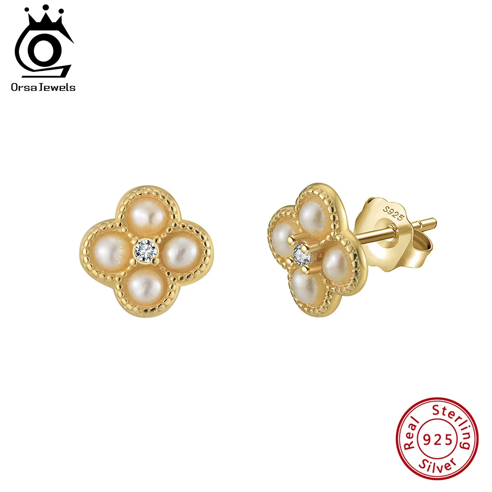 ORSA JEWELS 925 Sterling Silver 14K Gold Exquisite Stud Earrings 8pcs 2.5-3mm Natural Freshwater Oval Pearl Flower Design GPE111