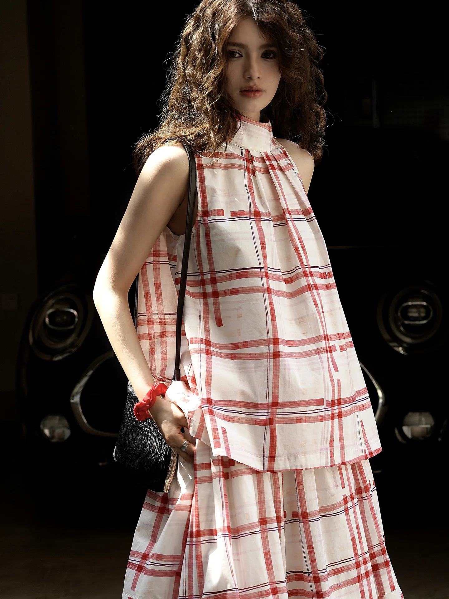 Spring and Summer Women's Casual Checkered High Neck Loose Vest