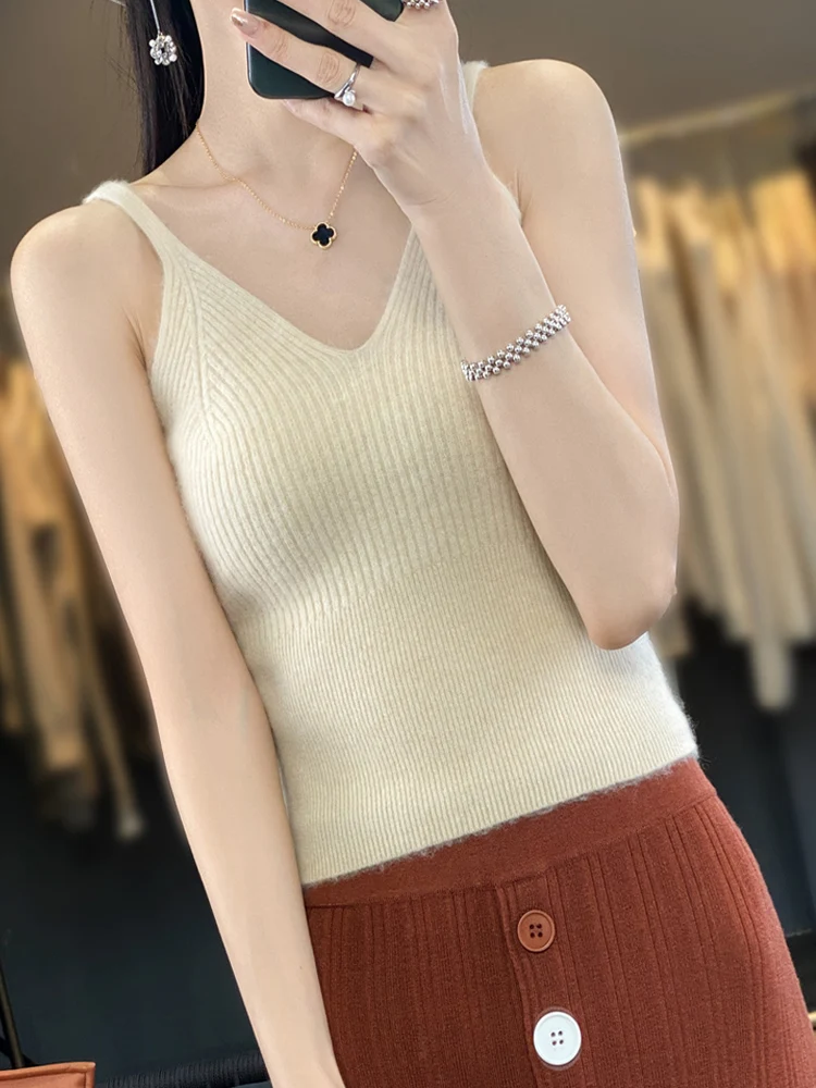 Sexy Vest Halter Tops Women's Sweater Camisole 100% Merino Wool Waistcoat Strappy Sleeveless Sweater Autumn Winter Vest Pullover