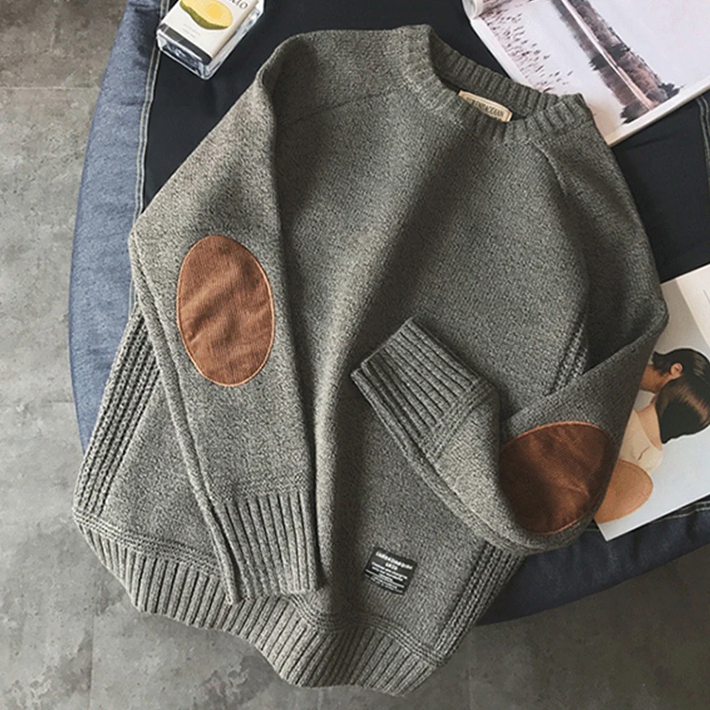 

New Men Pullover Sweater Fashion Patch Designs Oversized Knitted Sweater Harajuku Streetwear Thick O Neck Causal Pullovers Wool