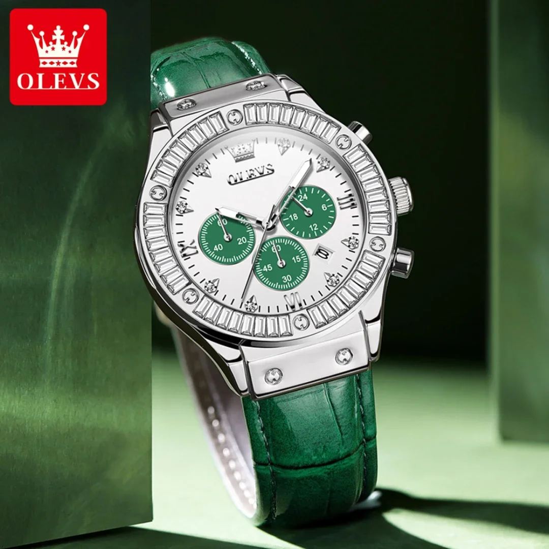 OLEVS-reloj de cuarzo con correa de cuero genuino, cronógrafo con esfera redonda y calendario, a la moda, 9978
