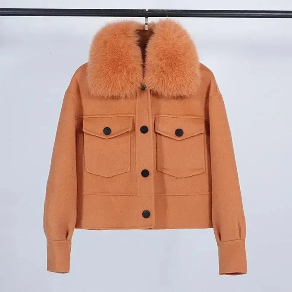 

Шерстяное женское меховое пальто, новая осенне-зимняя куртка из натурального лисьего меха, 10% кашемир, 90% шерсть, короткая повседневная свободная шерстяная куртка