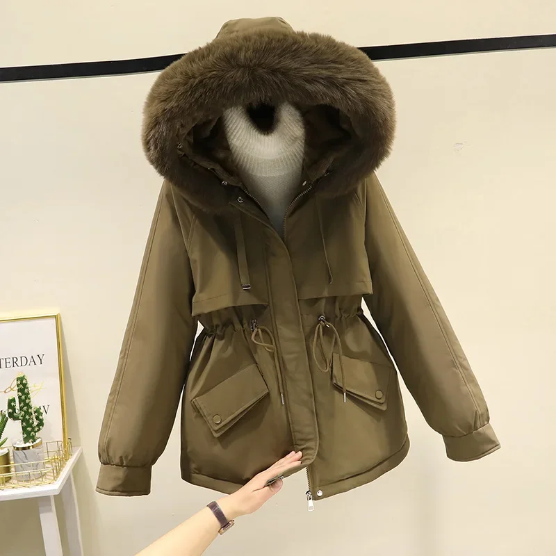 Autumn Winter Commuting Style Women's Parkas 2023 Winter New Hooded Fur Collar Plush Cotton Jacket Regular Zipper Women Clothing