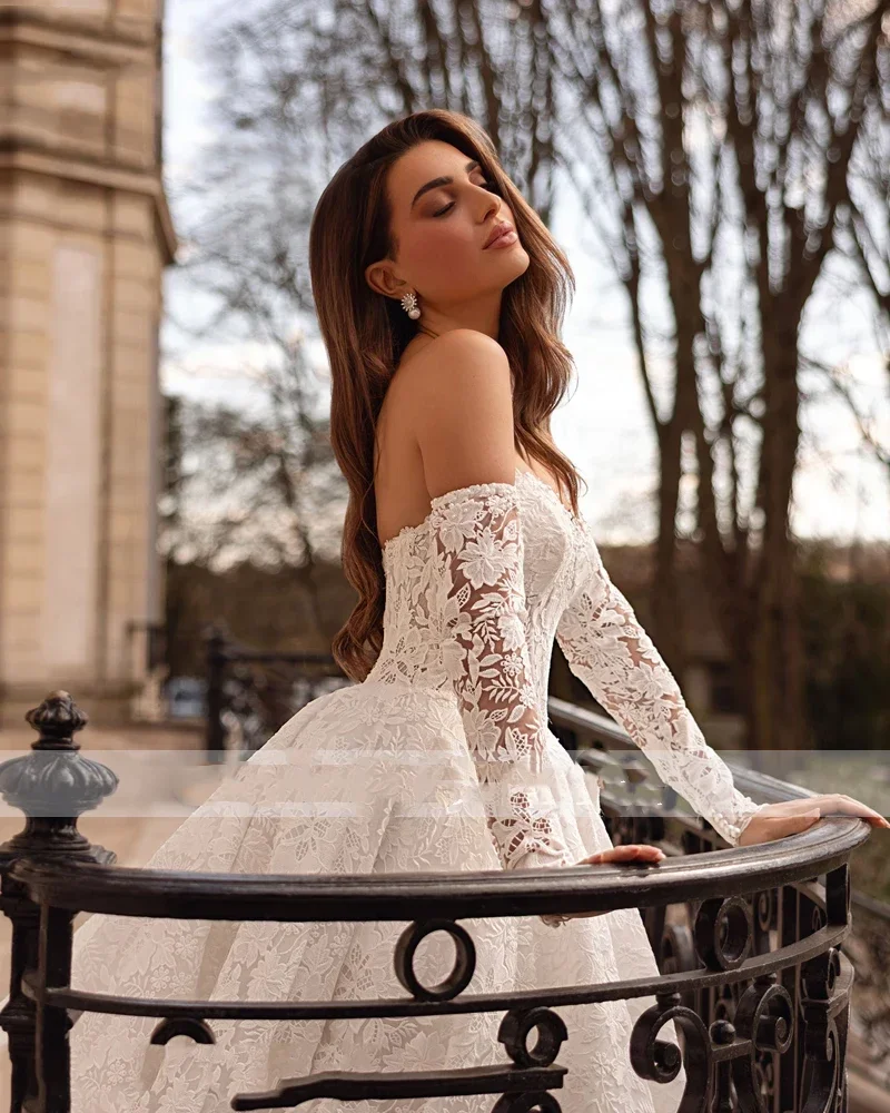 Personalizado luxuoso querida vestido de novia manga longa a linha rendas vestidos de casamento 2025 trem varredura princesa vestido de noiva