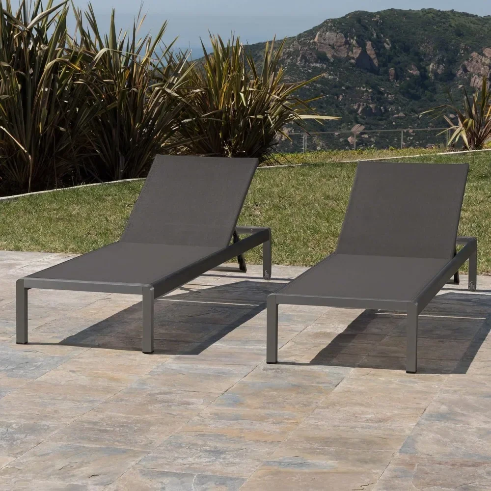 Cape Coral Outdoor Aluminum Chaise Lounges with Mesh Seat - 2-Pcs Set in Grey/Dark Grey