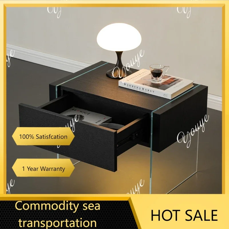 25 N Italian minimalist white transparent glass bedside table suspended bedside table modern simple bedroom bedside storage