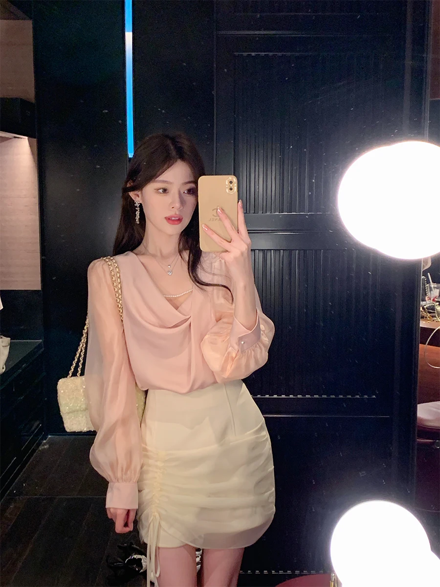 

ByYou Summer Bubble Sve Satin Poer Pink Chiffon Women's Loose Long Sve Silk irt Top Korean Sle Commute Faion