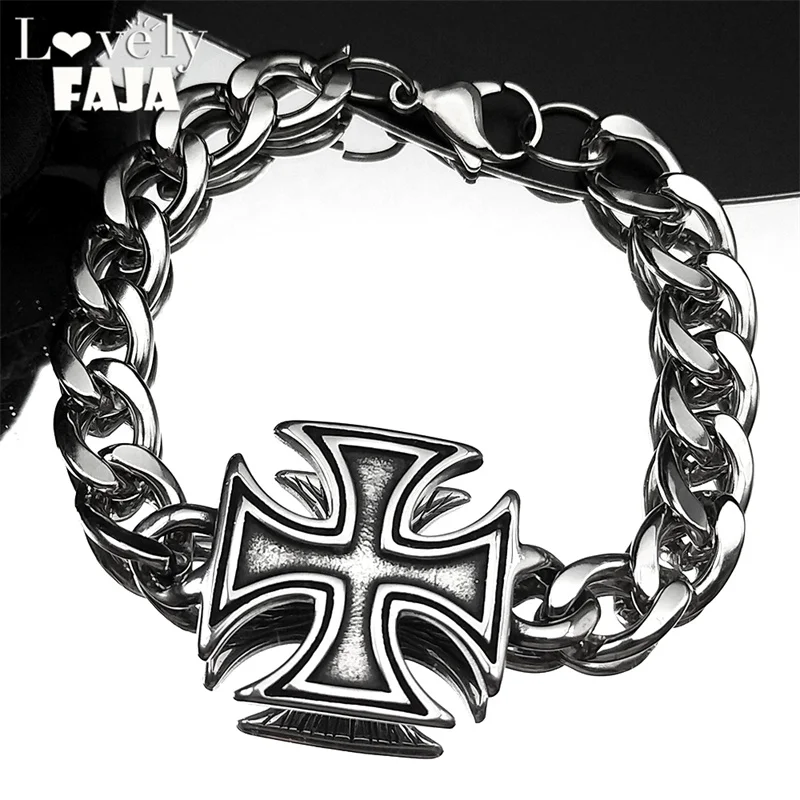 

Hip Hop Cuban Chain Stainless Steel German Iron Cross Medal Bracelet for Men Silver Color Punk Bangles Hand Chain Jewelry Gift