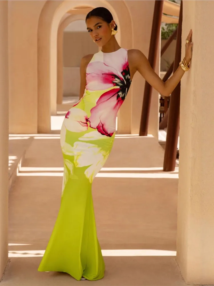 Summer Cover Ups Women Swimsuit Sleeveless Robes Bathing Suit 2026 New Flower Print Beach Holiday Maxi Dresses Cover-Up