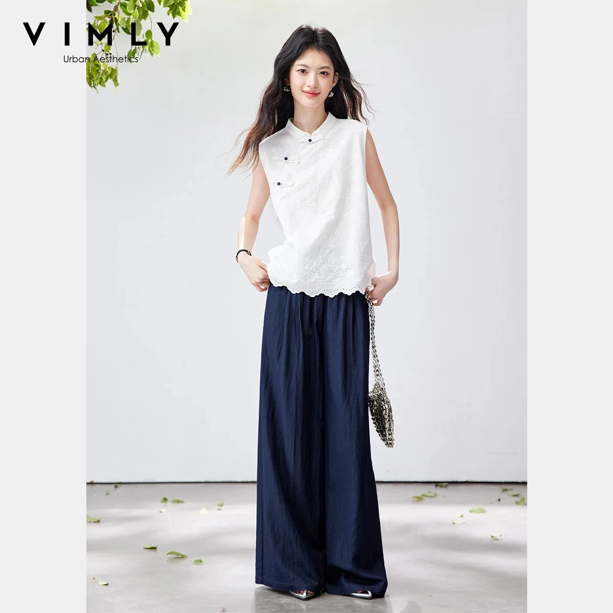 

VIMLY New Chinese Style Two-Piece Stand Collar Frog Button Lace Hem Jacquard Sleeveless Top Wide Leg Pants Casual Outfit A5129