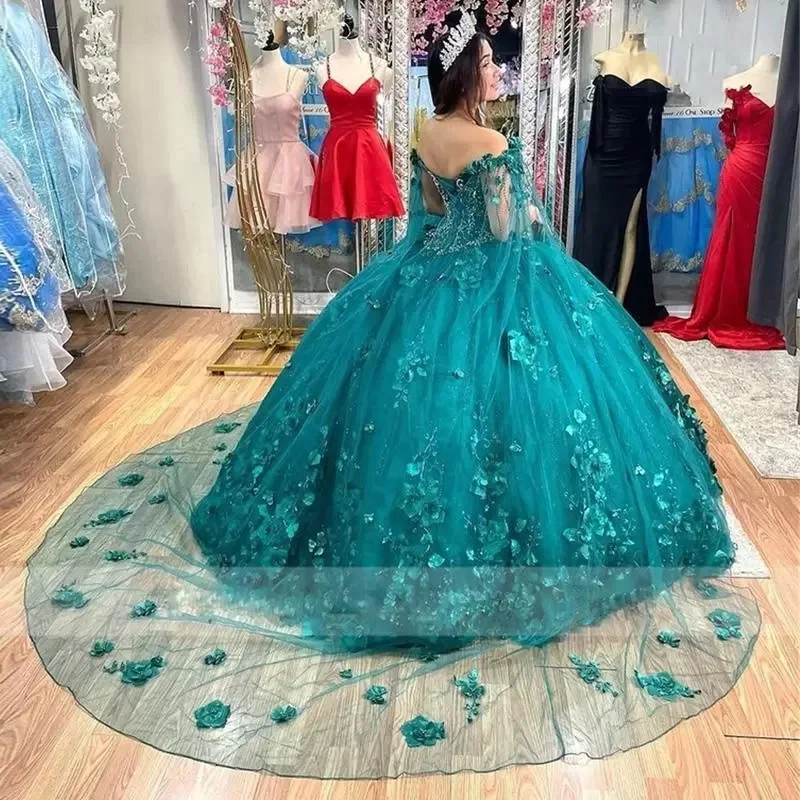 ANGELSBRIDEP-Vestido De quinceañera para niña, traje De fiesta De cumpleaños De 15 años, con capa 3D, flores, turquesa, 15 años