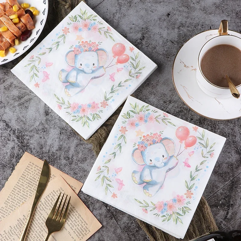 20pcs/pac 33cm Party Tissue Paper Color Napkins Printed Pure Wood Pulp Paper Cartoon Cute Little Elephant Food Grade Paper Towel