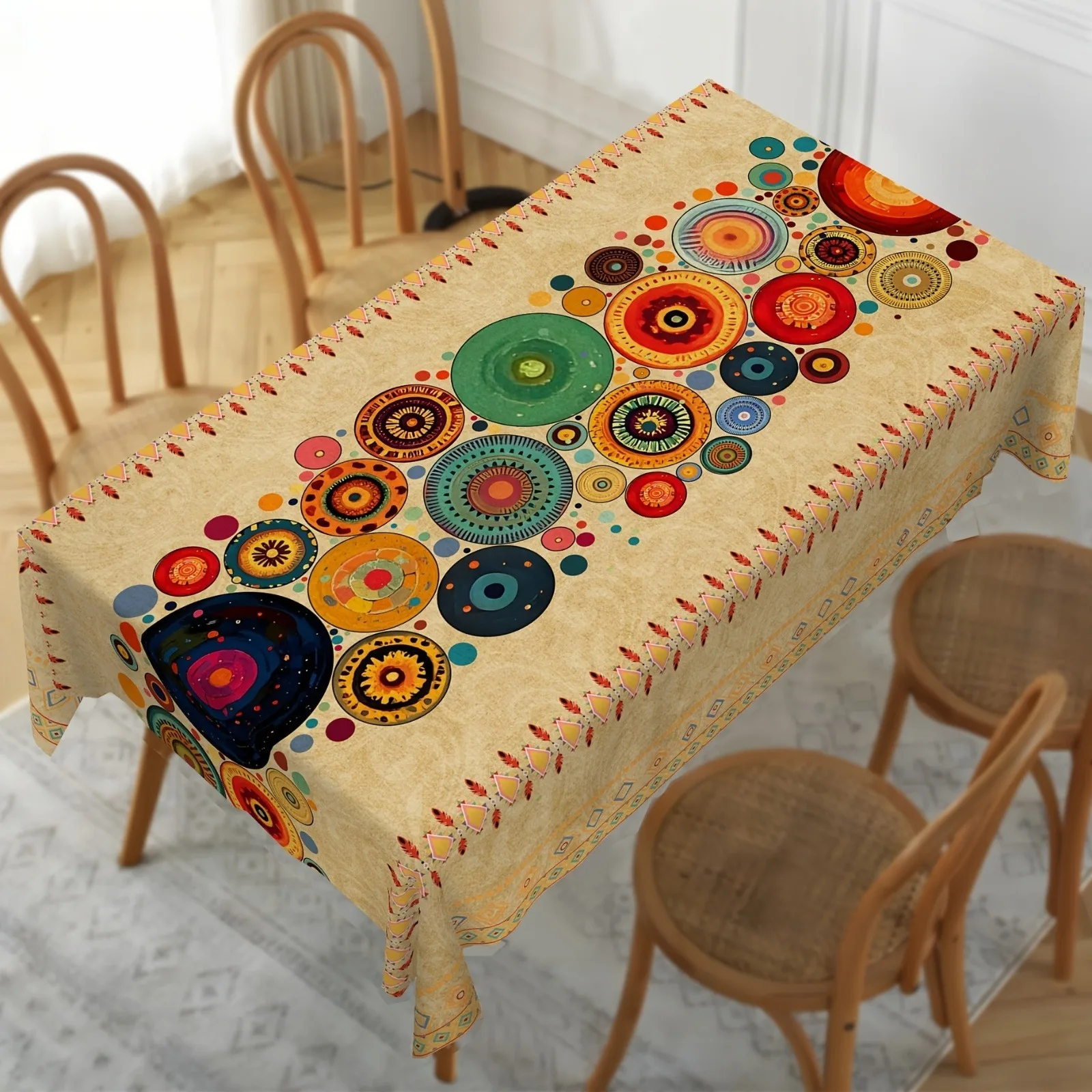 [2D] Tablecovers 1pc Polyester Tablecloth Perfect Gift Retro Bohemian Style Tablecloth Geometric Circular Pattern with Earthy Tones Durable Rectangular Placemat Suitable for Spring And Summer Indoor And Outdoor Use Holiday Party Home Decoration Dini