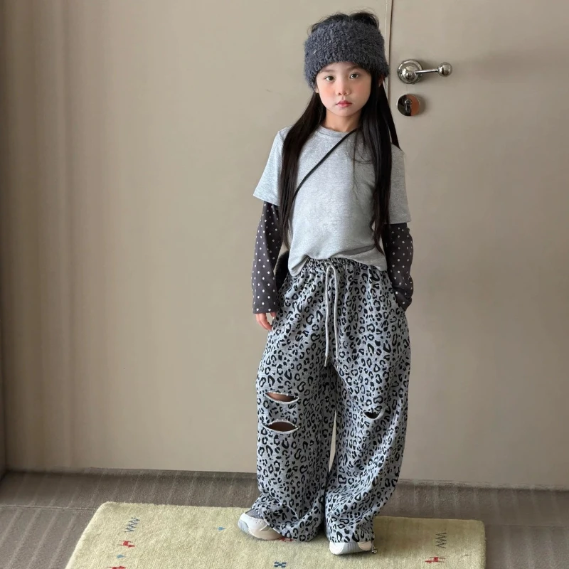 Girls' Korean leopard print cut wide leg pants, children's spring and autumn loose hanging casual straight leg pants