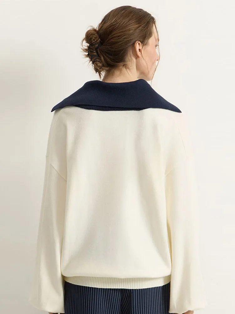 Casual สี Contrast Navy Collar หลวมเสื้อกันหนาวผู้หญิงแขนยาวเอวยางยืด V คอสั้นเสื้อกันหนาวหญิง Street Wear