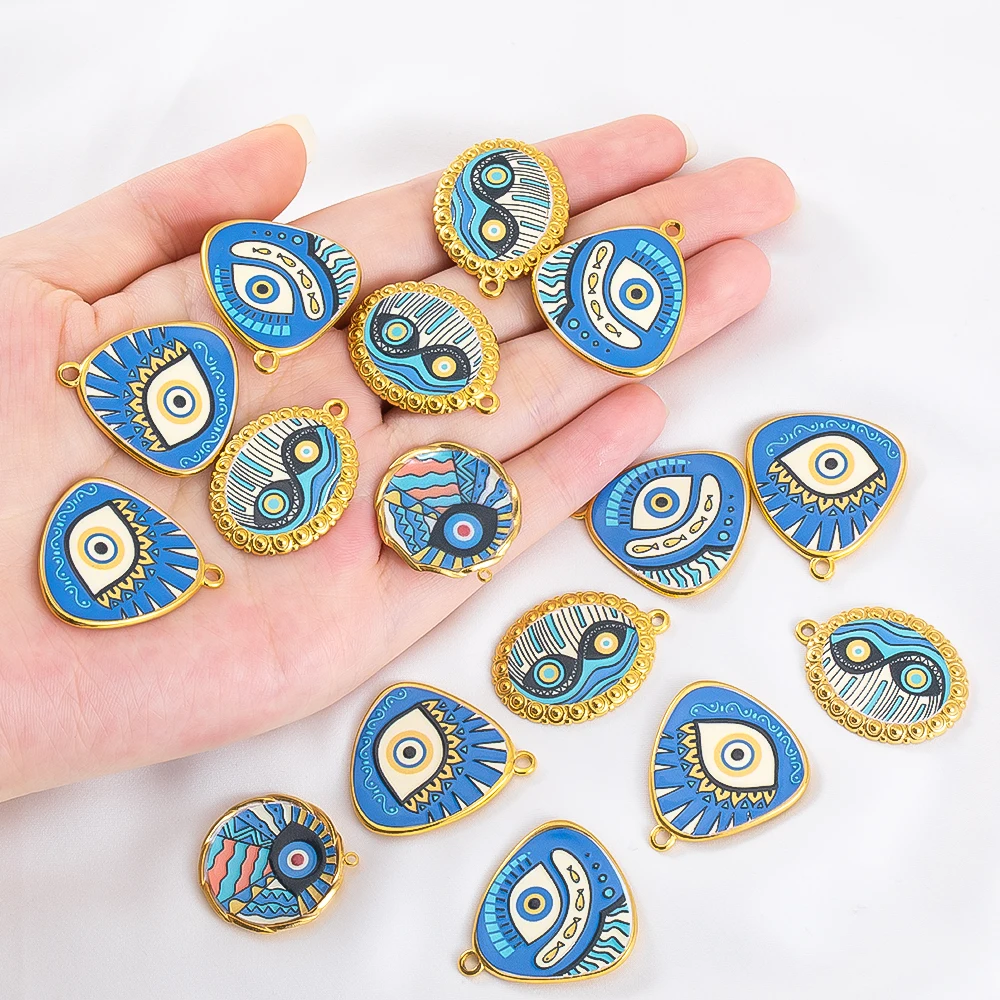 2 Stück Edelstahl-Anhänger, goldfarben, Geometrie, Emaille, bedruckte Blumenlandschaft, böser Blick, Tier-Charm, DY-Halskette, Schmuckherstellung