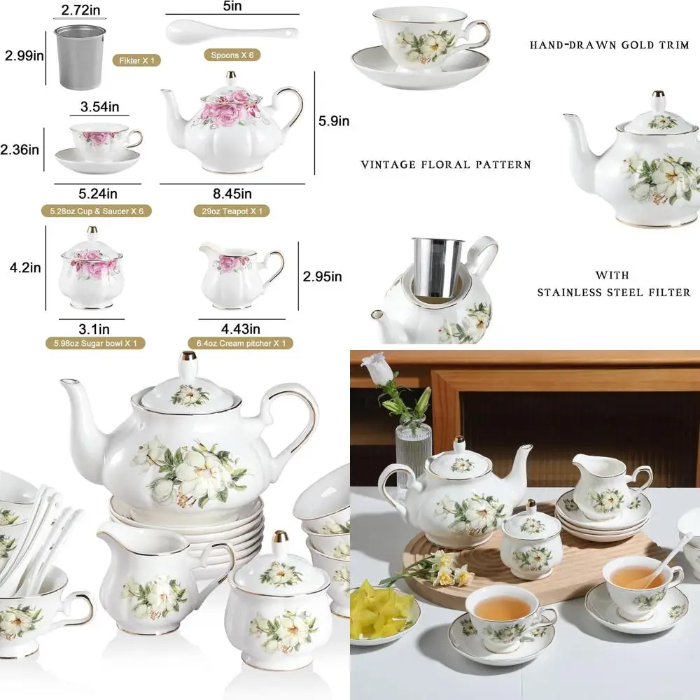 

Vintage British Floral Tea Set for 6 with Gold Rimmed Teapot, Cups, Saucer, Sugar Bowl, Milk Jug, and Spoons (Camellia)