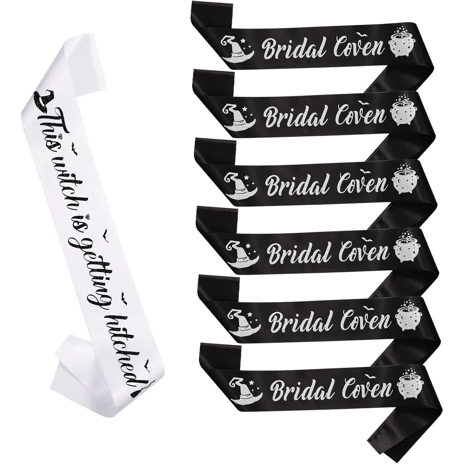 1/7Pcs Bachelorette Party Sash Set,Bridal Coven Sashes with Witch Hat and Jar Pattern for Bridal Witch Theme Halloween Party