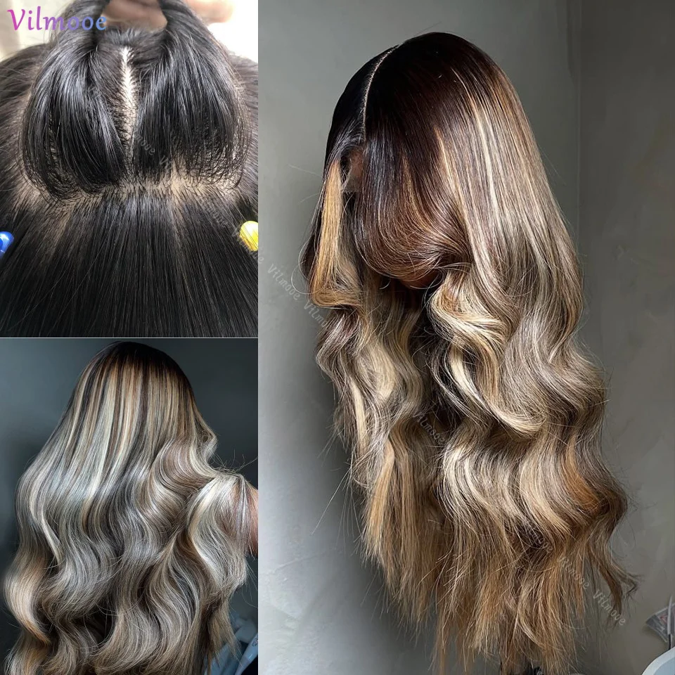 

Light Blonde Brown Highlight Glueless 13x4 Silk Top Human Hair Lace Front Wigs Bleached Knots Brazilian Brown Root 5x5 Lace Wig
