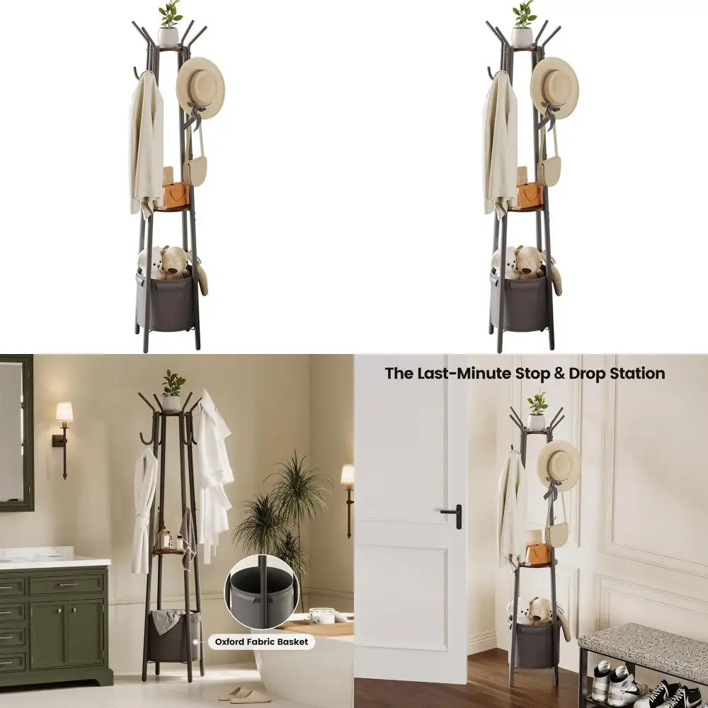 

Прочная вешалка для прихожей с корзиной для хранения и 12 крючками для организации пространства в прихожей, спальне или офисе