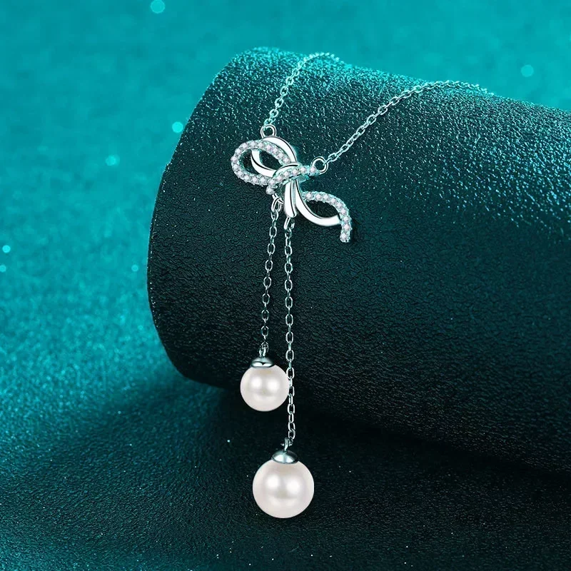 Tassel Pendant Jewelry 0.157ct Moissanite Diamond for Lady Gift, Inlaid 6-8mm Natural Freshwater Pearl Necklace Chain for Women