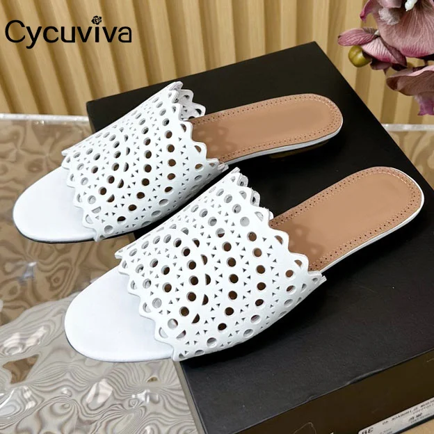 

Hot Sale Leather Flat Slippers Women Designer Hollow Out Slides Beach Casual Shoes For Women Mules Summer Sandalias Mujer