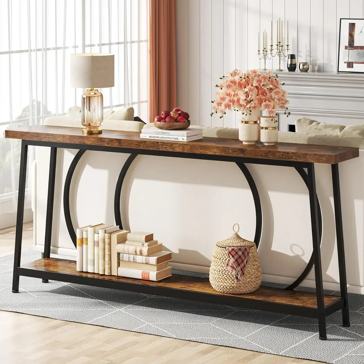 Table console étroite extra longue avec rangement, canapé gris derrière le canapé, entrée, meubles de maison, 70.9"