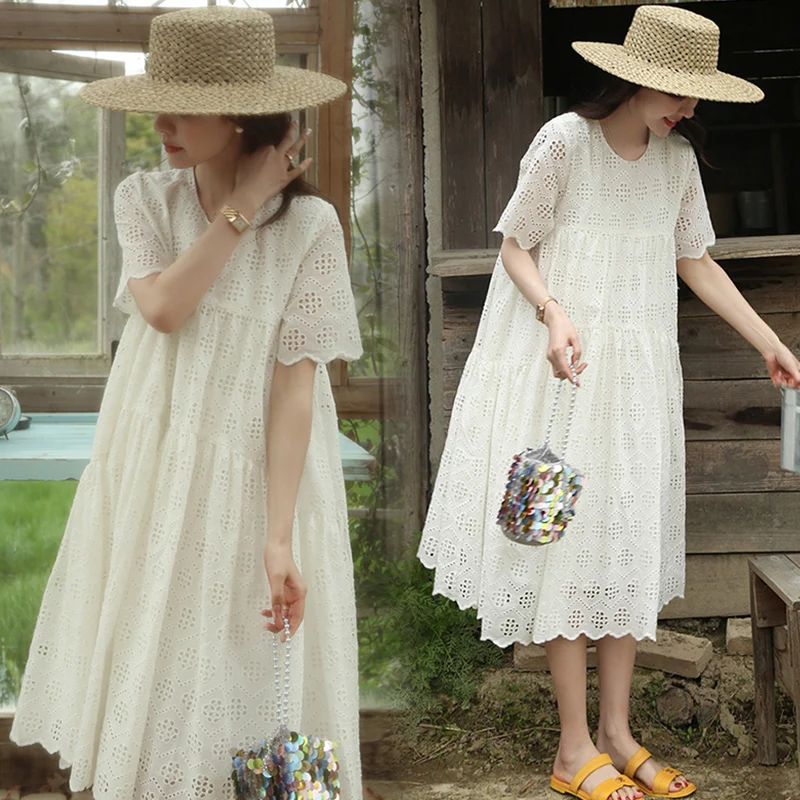 2023 Pregnant Woman Lace Dress Summer Short Sleeve O-Neck Hollow Out Maternity Cotton Dress Sweet Long Loose Princess Clothes