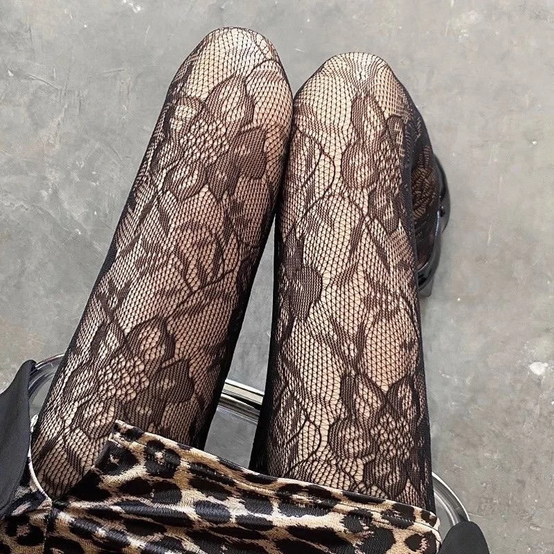 Women Sexy Flower Embroidery Stockings Mesh Hollow Out Silk Stockings JK Fishnet Tights High Elastic Hipster Harajuku Pantyhose