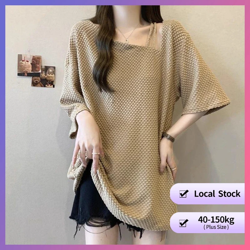 

[Plus Size]Women's summer loose textured short sleeve top,oversize Irregular cut long t shirt,korean style design loose top