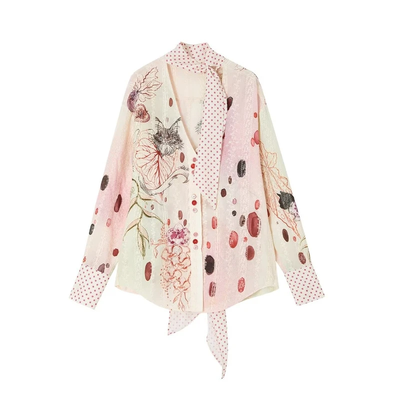 2026 Spring autumn New Fashion Hand Drawn Watercolor Cat Printed Shirt Women's Polka Point Scarf Strap Shirt Personalized street