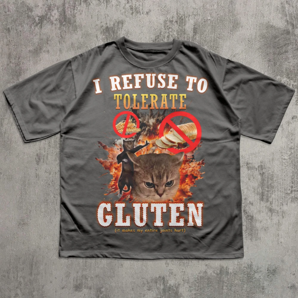 أنا رفض الغلوتين! مضحك القط الرموز التعبيرية تي شيرت للجنسين القط عاشق هدية تي شيرتات عجيبة ملتوي تي شيرت المتضخم تي شيرت harajuku قميص #3