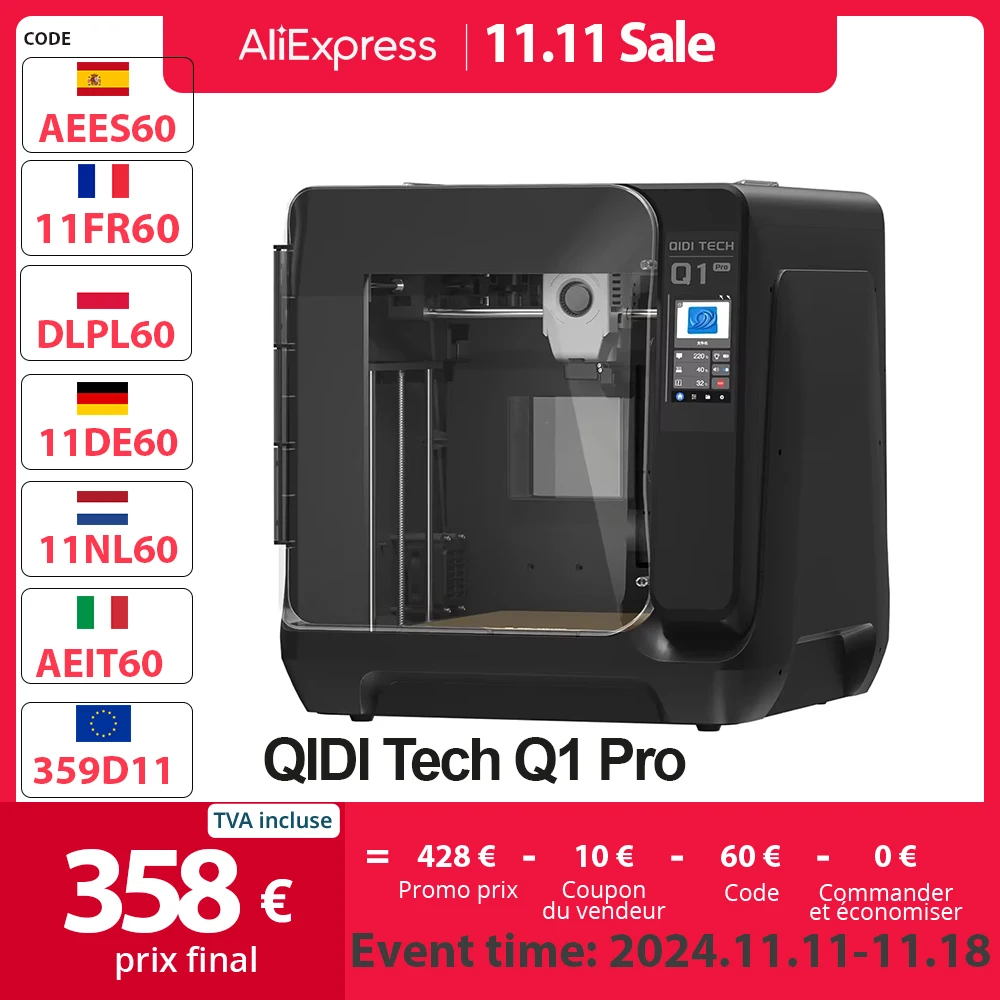 QIDI Tech Q1 Pro 3D Printer, Dual Z Motors, 60°C Chamber Heat, 350°C Print, Tri-metal Hot-end, Auto Leveling ≤600mm/s High Spee