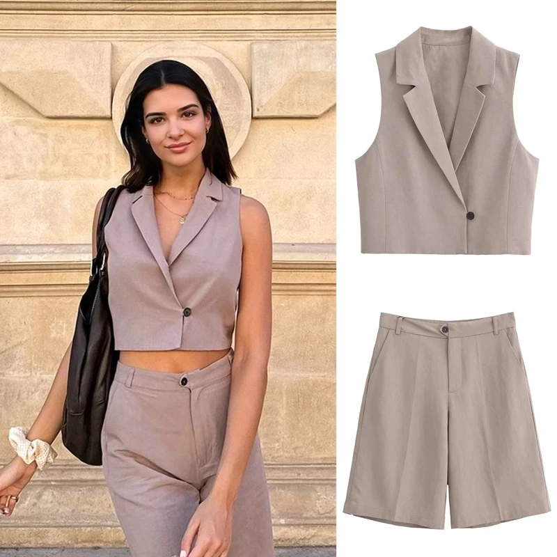 

PB&ZA women's clothing 2024 summer new solid color commuter buckle vest 4749/767 neutral style casual shorts 1255/408