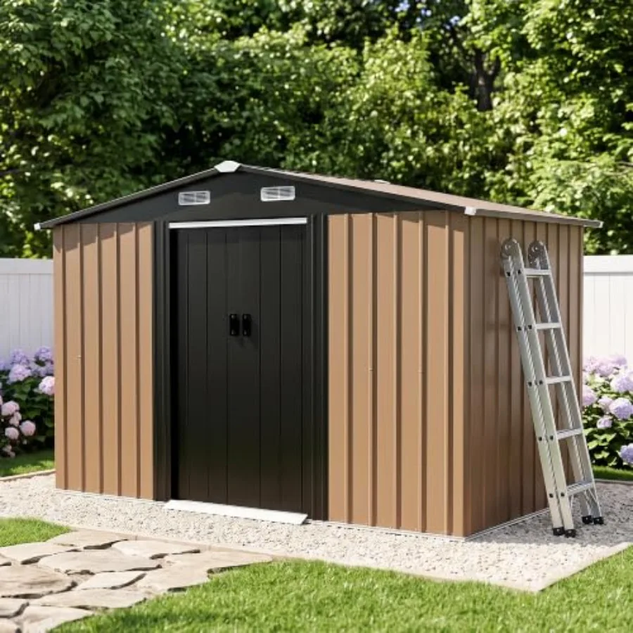 10 x 4.5 Feet Outdoor Storage, Galvanized Steel Storage with Double Sliding Doors, Gable Roof and Air Vent for Backyard