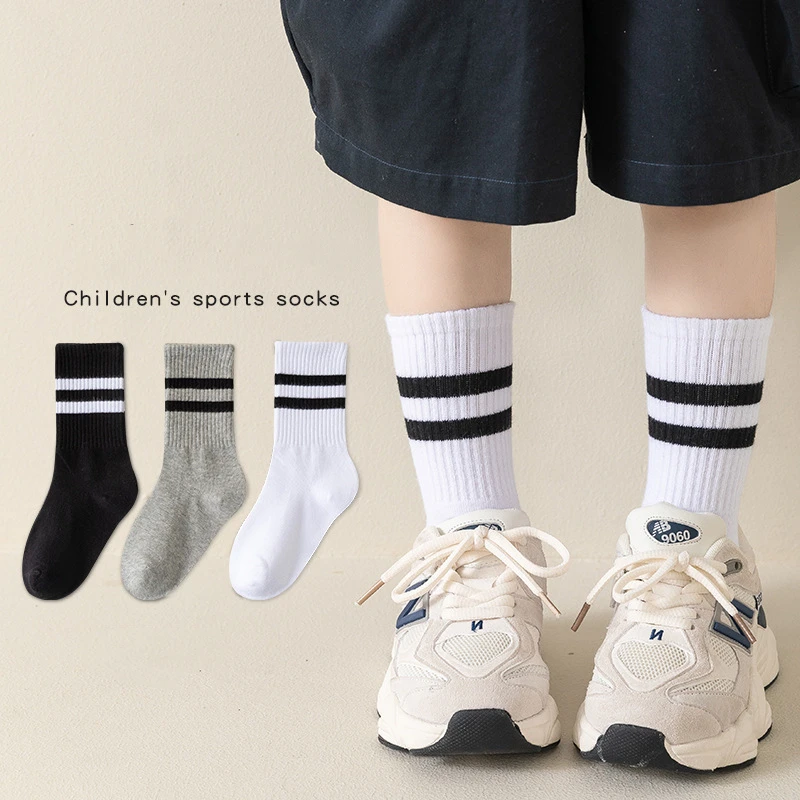 Children Sports Socks Pure Cotton Black White Gray Striped Boys Girls Student Sports Socks Four Season