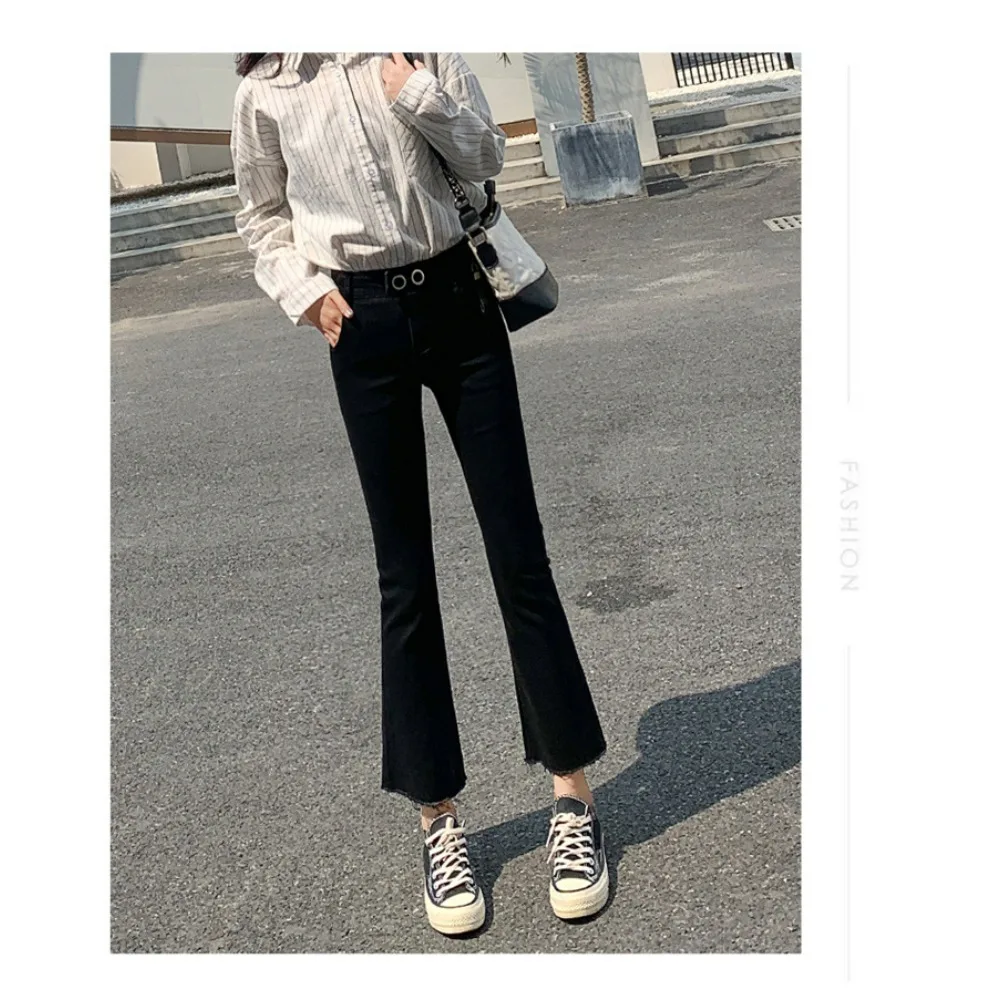 Jeans svasati neri a vita alta da donna, pantaloni alla caviglia drappeggiati autunno inverno 2025 |   Gamba larga dimagrante