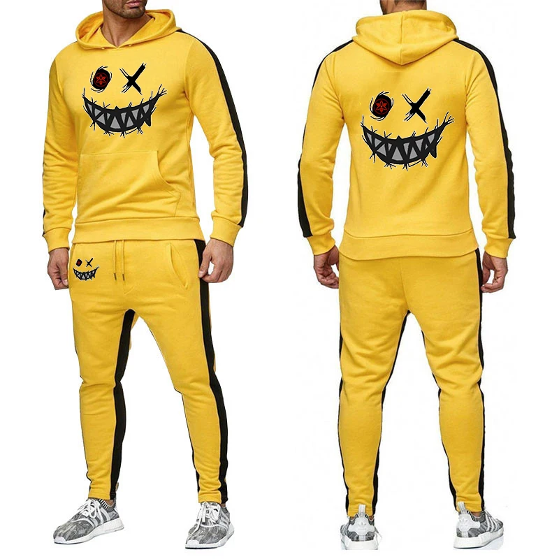 2025 ربيع الخريف الرجال الشيطان الوجه HAHAHA الطباعة الجديدة بلون مجموعة موضة هوديس السراويل الطويلة عادية عداء ببطء رياضية
