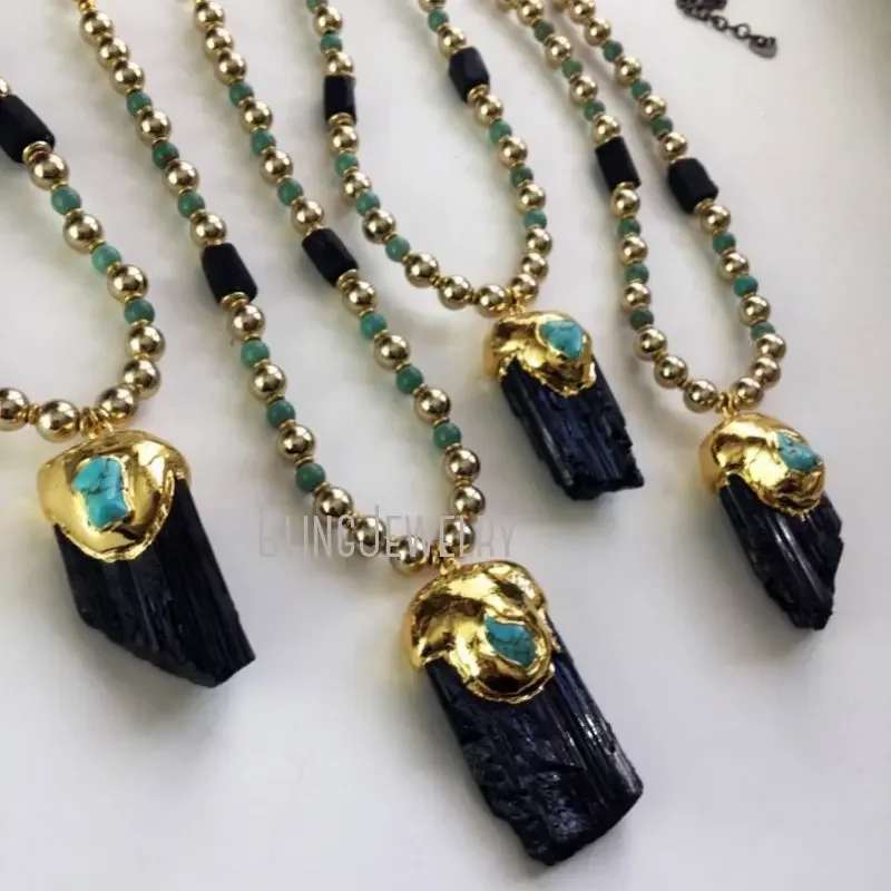 

10pcs Women Tourmaline Turquoise Stone Crystal Layer Statement Necklace Schorl Witch Boho Black Goth Y2k Jewelry Emo Halloween