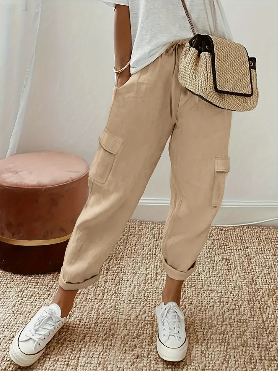 Women Casual Loose Cargo Pants Baggy Drawstring Trousers with Pockets Solid Color Wide Leg Streetwear Fashion Long Pants
