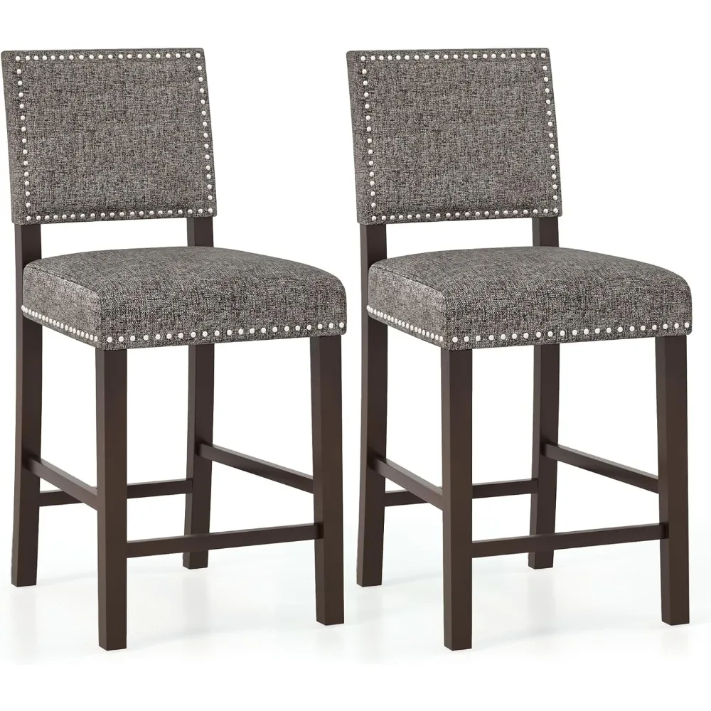 

Bar Stools Set of 2, 26" Counter Height Stools with Solid Rubber Wood Legs, Footrest, Modern Linen Fabric Bar Dining Chairs, Ri