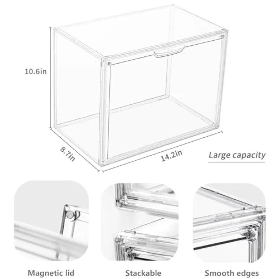 Clear Acrylic Display Case, Stackable Plastic Storage Bins, X-Large Stackable Storage Bin with Magnetic Attraction Lid, XL Clea