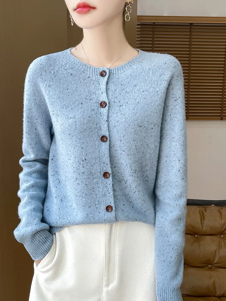 

TLOML Autumn Winter Women O-neck Wool Buttons Cardigan Basic Long Sleeve Cashmere Sweater 100% Merino Wool Knitwear Female Tops