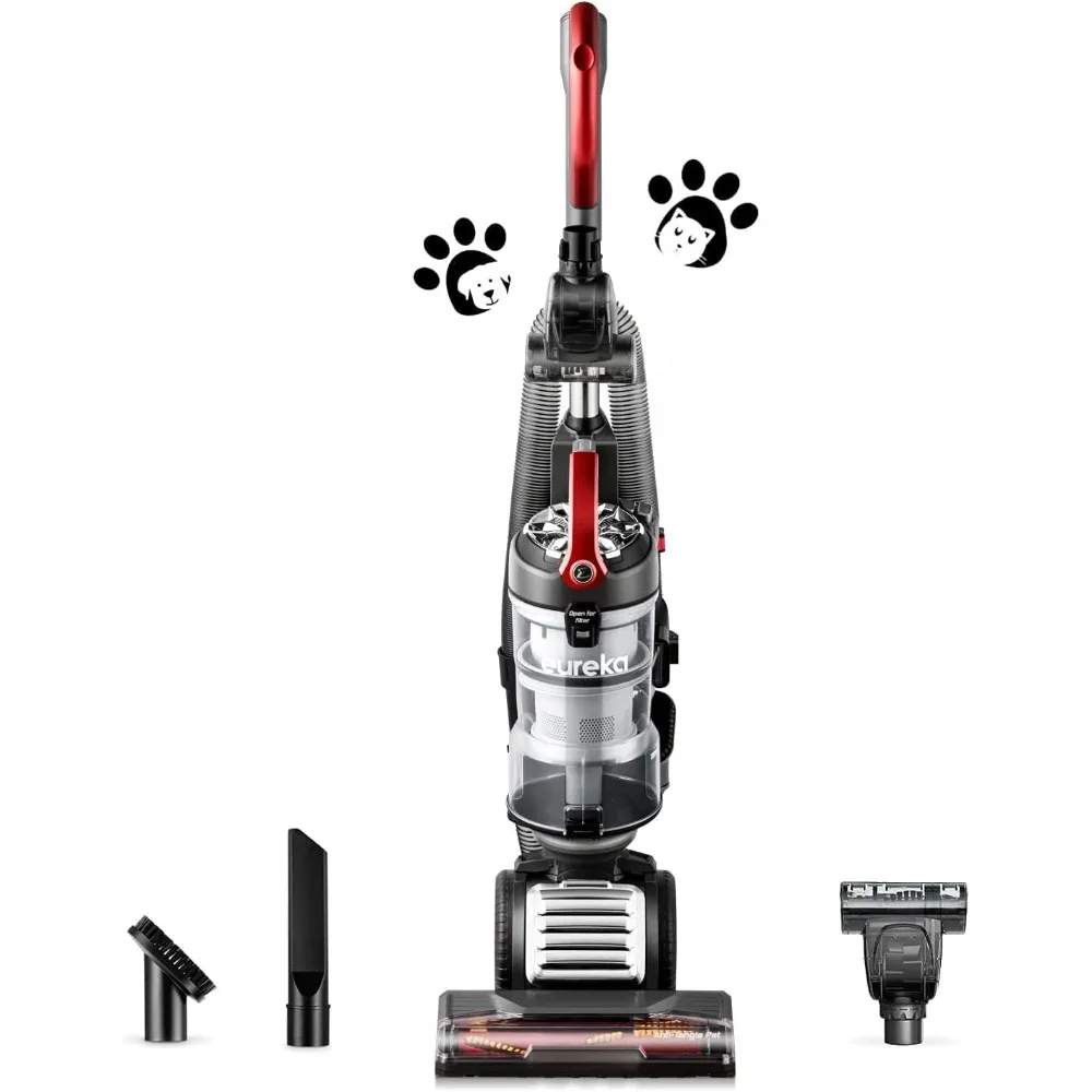 2023 New Eureka FloorRover Bagless Upright Pet Vacuum Cleaner, Swivel Steering for Carpet and Hard Floor, Grey and Red