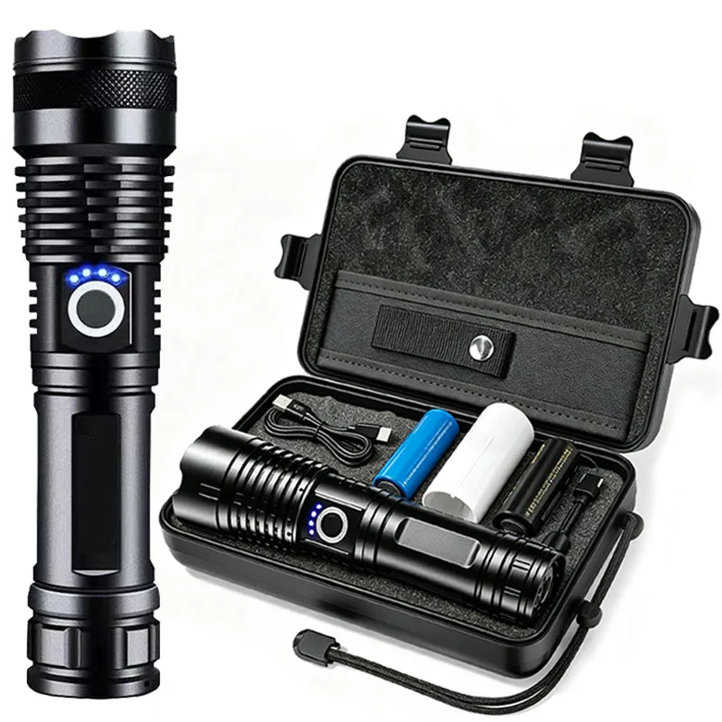 Torcia portatile a LED con luce intensa, ricaricabile, lanterna tattica con batteria 18650/26650, lampada per illuminazione esterna a lunga portata.