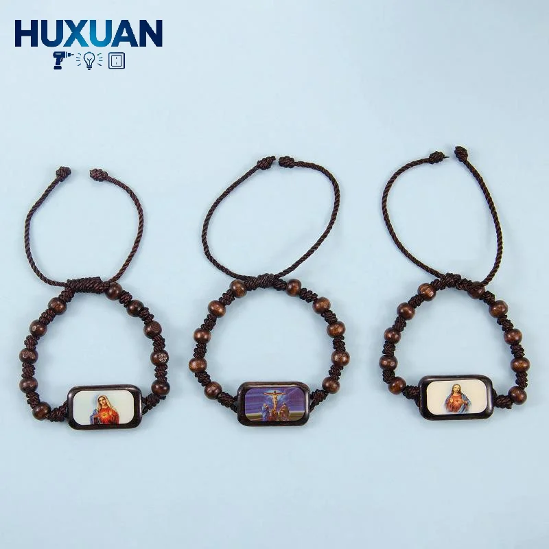 Bracelet chapelet en bois réglable avec autocollants d'icônes religieuses, finition émail, bijoux de prière spirituels perlés pour usage dévotionnel