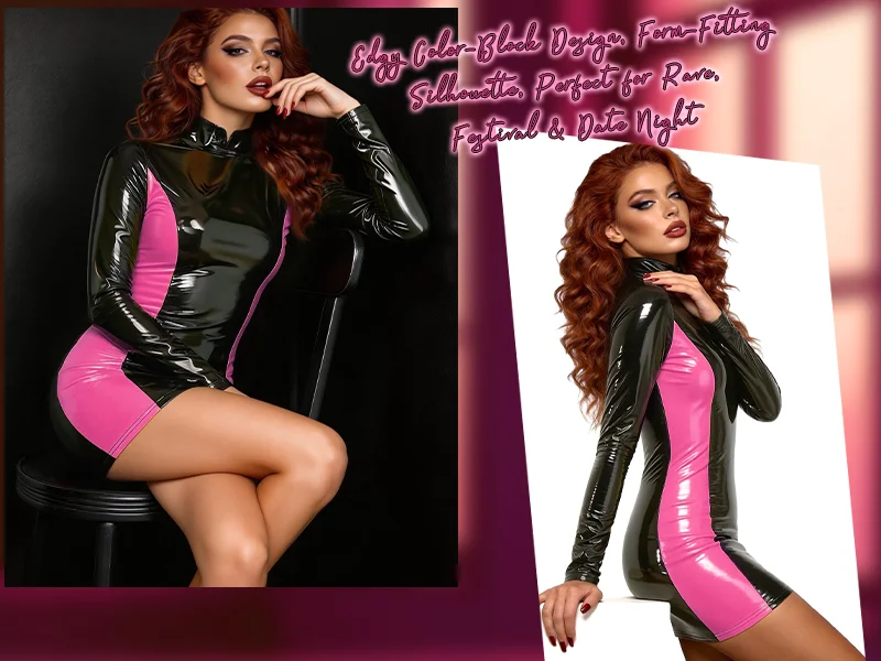 Damen Glänzendes Stretch-Kunstleder Figurbetontes Sexy Minikleid Neues Kleid Glänzendes PU Langarm Rückenreißverschluss Offenes Kurzes Kleid – Detail 4