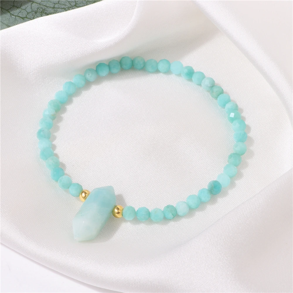 Hexagon Column Stone Pendent Bracelet 4MM Ffaceted Natural Amazonite Amethysts Quartzs Stone Bead Stretch Bangle Jewelry Gift